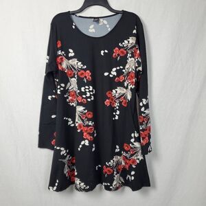 Lildy Large XL Black Floral Print T-Shirt Dress